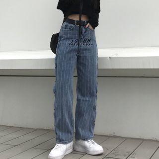 Side Buttoned Striped Straight-cut Jeans