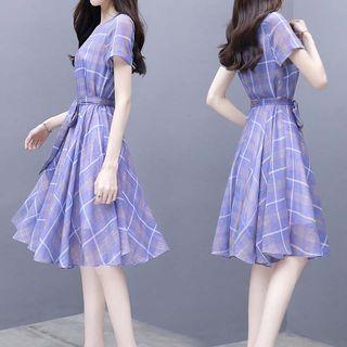 Plaid Short-sleeve Chiffon A-line Dress