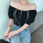 Off-shoulder Puff-sleeve Chained Zip-up Knit Top