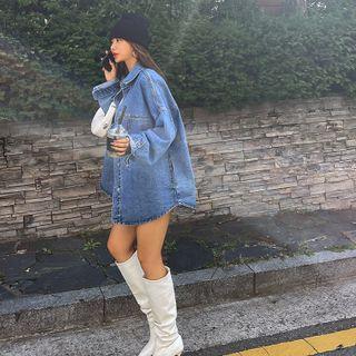 Loose-fit Washed Denim Shirt Light Blue - One Size