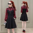 Mock Two-piece Gathered-waist Long-sleeved Gingham A-line Sheath Dress