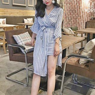 Striped V-neck 3/4-sleeve Asymmetric A-line Dress
