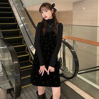 Long-sleeve Top / Spaghetti Strap Velvet Mini A-line Dress