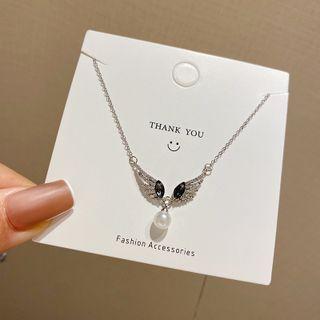 Wings Faux Pearl Pendant Stainless Steel Necklace X681 - Silver - One Size