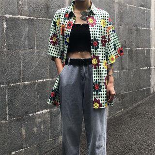 Couple Matching Short Sleeve Flower Print Check Shirt