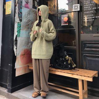 Drawstring Rib Knit Hoodie / Plain Straight-cut Pants