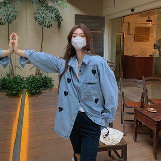 Heart Embroidered Denim Shirt Shirt Blue - One Size