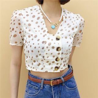 V-neck Dotted Button-up Cropped Top