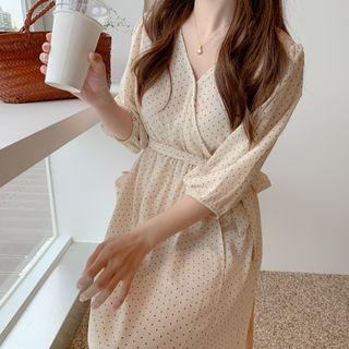 Elbow-sleeve Dotted Chiffon V-neck A-line Maxi Dress