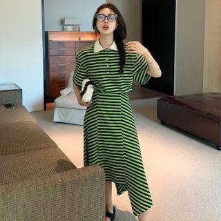 Short-sleeve Striped Polo Shirt / Midi Skirt