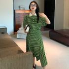 Short-sleeve Striped Polo Shirt / Midi Skirt