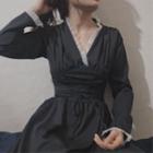 Long-sleeve Frill Trim V-neck A-line Midi Dress