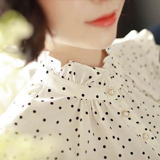 Frill-neck Faux-pearl Button Dot Blouse