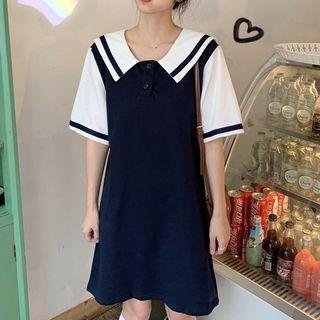 Sailor-collar Short-sleeve Dress Blue - One Size