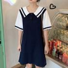 Sailor-collar Short-sleeve Dress Blue - One Size