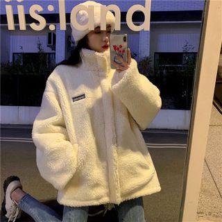 Lettering Embroidered Fluffy Zip Jacket