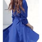 Puff-shoulder Shirtdress With Sash Blue - One Size