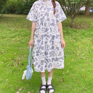 Elbow-sleeve Milk Cow Print A-line Shirtdress White - One Size