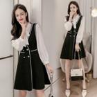 Set: Tie-neck Blouse + Contrast Trim Jumper Dress