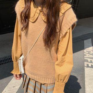 Flared-cuff Blouse / Knit Vest / Plaid Mini A-line Skirt