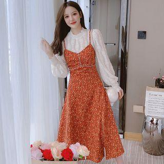 Set: Lace Blouse + Spaghetti Strap Floral Print Midi A-line Dress