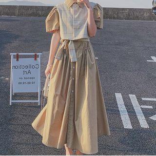 Short-sleeve Check Panel Midi A-line Shirtdress
