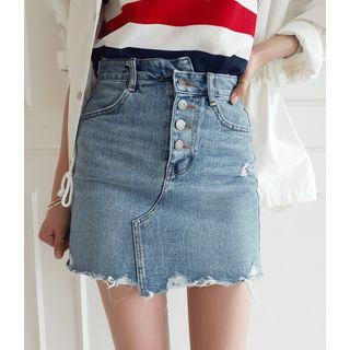 Asymmetric-band Button-fly Mini Denim Skirt