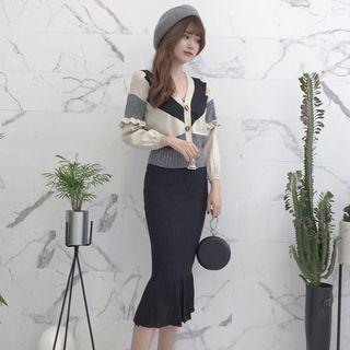 Color Block V-neck Cardigan / Midi Knit Skirt