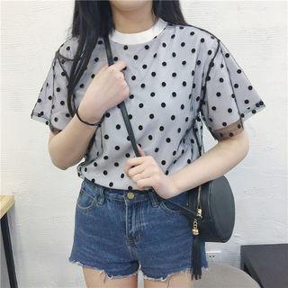 Dotted Mesh Overlay Short Sleeve T-shirt