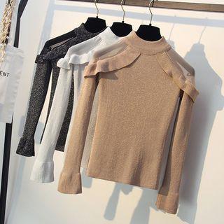 Long-sleeve Mock Neck Mesh Panel Glitter Knit Top