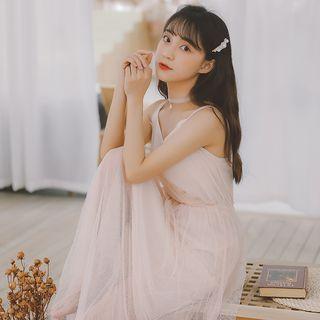 Set: Mesh Spaghetti Strap Midi A-line Dress + Slipdress