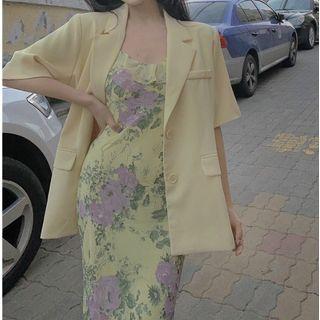 Spaghetti Strap Floral Midi Sheath Dress / Short-sleeve Blazer