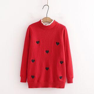 Mock Two Piece Heart Embroidered Sweater