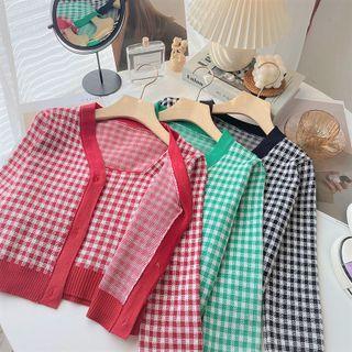 Set: Plaid Camisole Top + Long-sleeve Plaid Cardigan