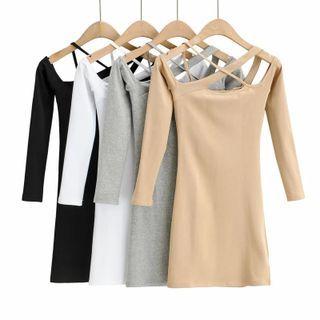 Asymmetric Long-sleeve Strappy Sheath Dress