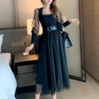 Puff-sleeve Dotted Panel A-line Mesh Dress