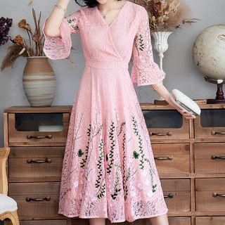 Embroidered Lace Elbow-sleeve Midi A-line Dress