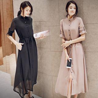 Tab-sleeve Drawstring Chiffon Shirtdress