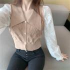 Eyelet Long-sleeve Panel Knit Cropped Top