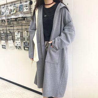 Plain Pocketed Hooded Long Cardigan