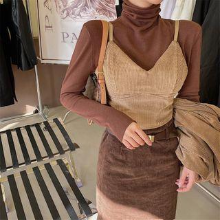 Long-sleeve Turtleneck Top / Corduroy Camisole Top / Single-breasted Blazer / Midi A-line Skirt
