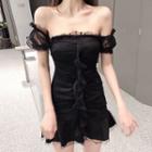 Short-sleeve Off-shoulder Mesh A-line Mini Dress