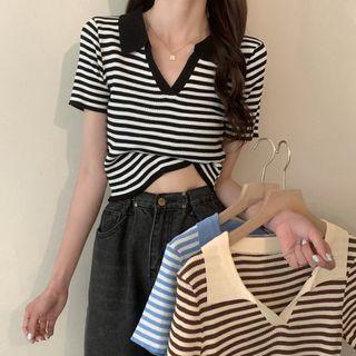 V-neck Short Sleeve Striped Knit Top