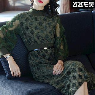 Long-sleeve Sheer Panel Embroidered Midi Dress