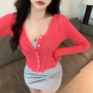 Spaghetti Strap Letter Print Mini Sheath Dress / Button-up Hooded Ribbed Cardigan