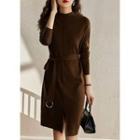 Long-sleeve Mock-neck Sashed Knit Sheath Dress