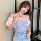 Lace Panel Off-shoulder Puff-sleeve Rib Knit Top Light Blue - One Size