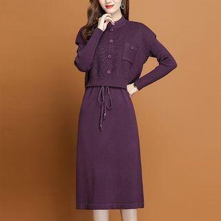 Set: Long-sleeve Knit A-line Dress + Sweater Vest