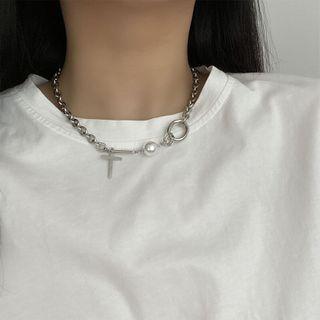 Cross Pendant Faux Pearl Stainless Steel Necklace Cross & Pearl - One Size