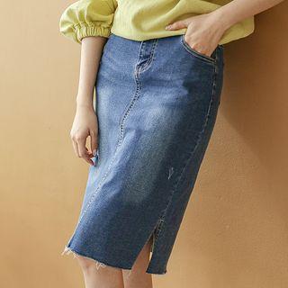 Slit-side Distressed Midi Denim Skirt